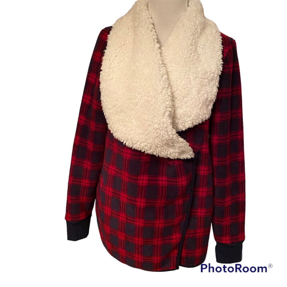 JACHS GIRLFRIEND JACKET COAT RED BLUE PLAID CHECK WHITE FUZZY TEDDY LINED Sz M